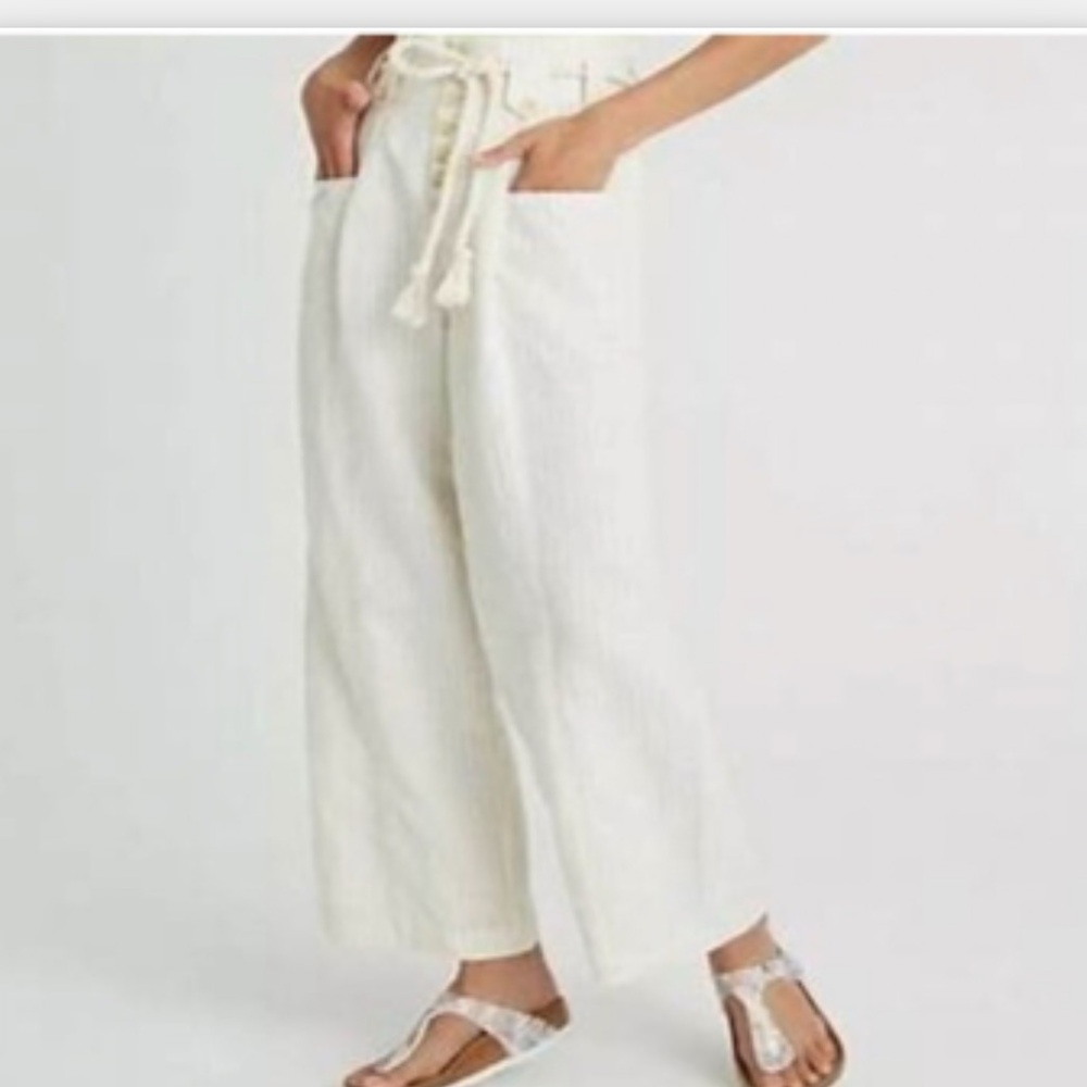 Anthropologie Cream Wide-Leg Linen-Blend Pants